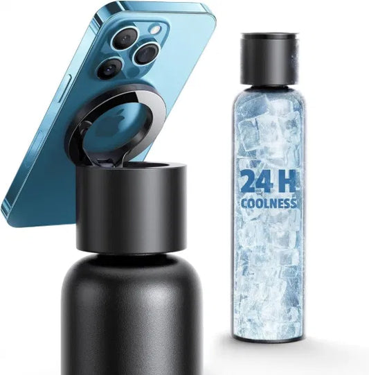 Vacuum Insulated Stainless Steel Water Bottle with Phone Holder Lid | Leakproof Thermal Flask 500ml | Hot & Cold Bottle for Gym, Office, Travel & Outdoor UAE
